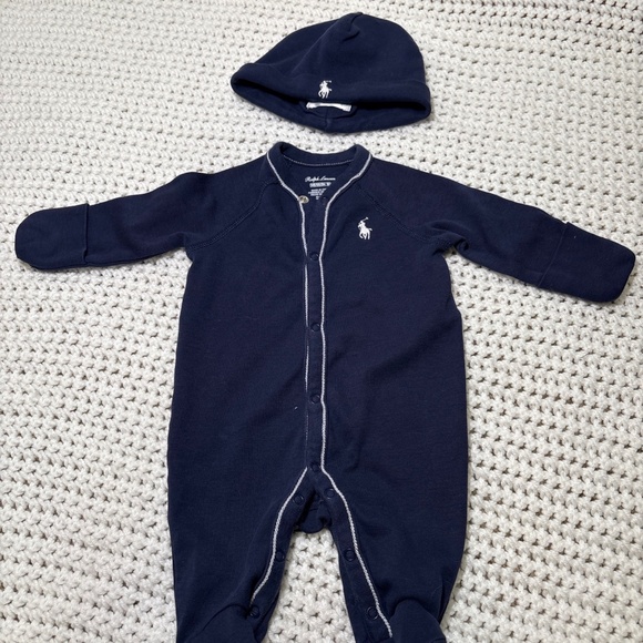 Ralph Lauren Polo Baby Outfit Newborn Navy Blue Matching Hat - Picture 1 of 5